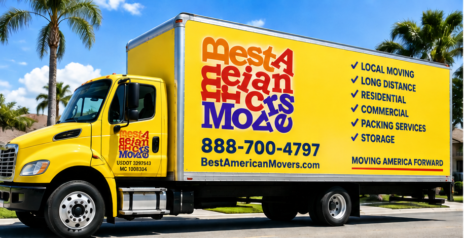 Best American Movers box truck showing local moving, long distance, residential, commercial, packing and storage services